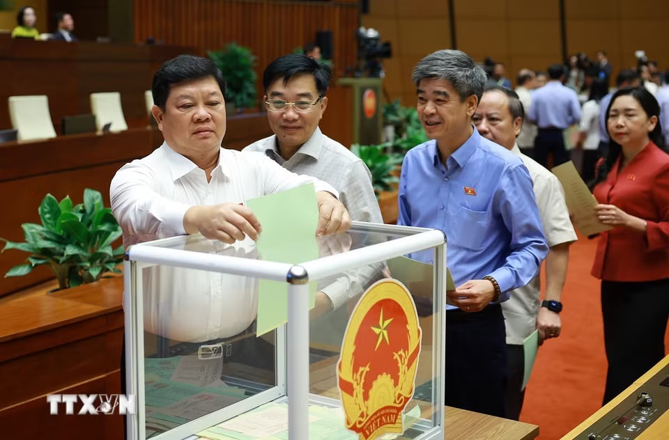 Đại biểu Quốc hội bỏ phiếu phê chuẩn Thẩm phán Tòa án nhân dân Tối cao, Phó Thủ tướng Chính phủ, Bộ trưởng và thành viên khác của Chính phủ. (Ảnh: Dương Giang/TTXVN)