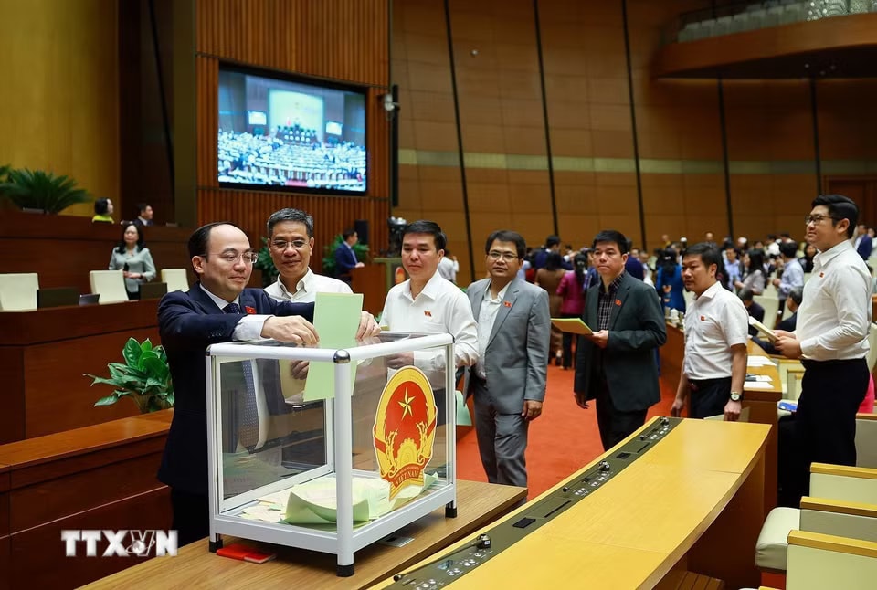 Đại biểu Quốc hội bỏ phiếu phê chuẩn Thẩm phán Tòa án nhân dân Tối cao, Phó Thủ tướng Chính phủ, Bộ trưởng và thành viên khác của Chính phủ. (Ảnh: Dương Giang/TTXVN)