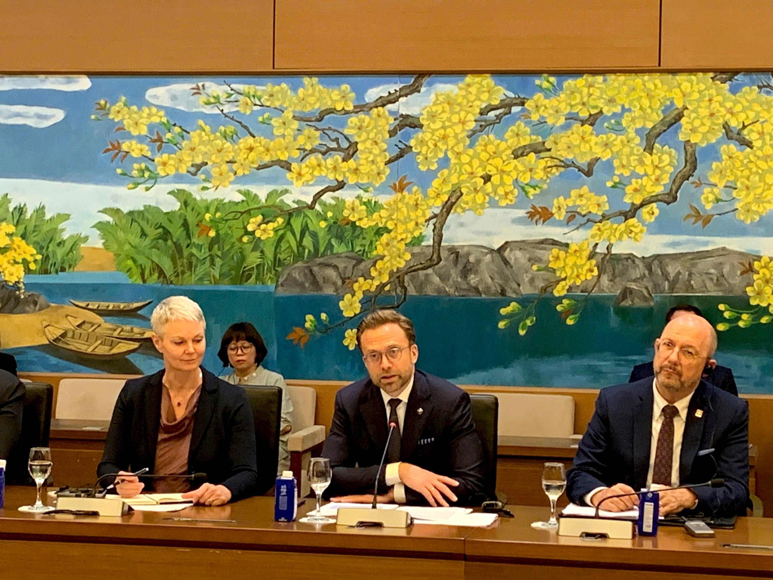 Trưởng đoàn Nghị viện EFTA Nikolai Astrup phát biểu tại cuộc họp. Ảnh: Đại sứ quán Na Uy
