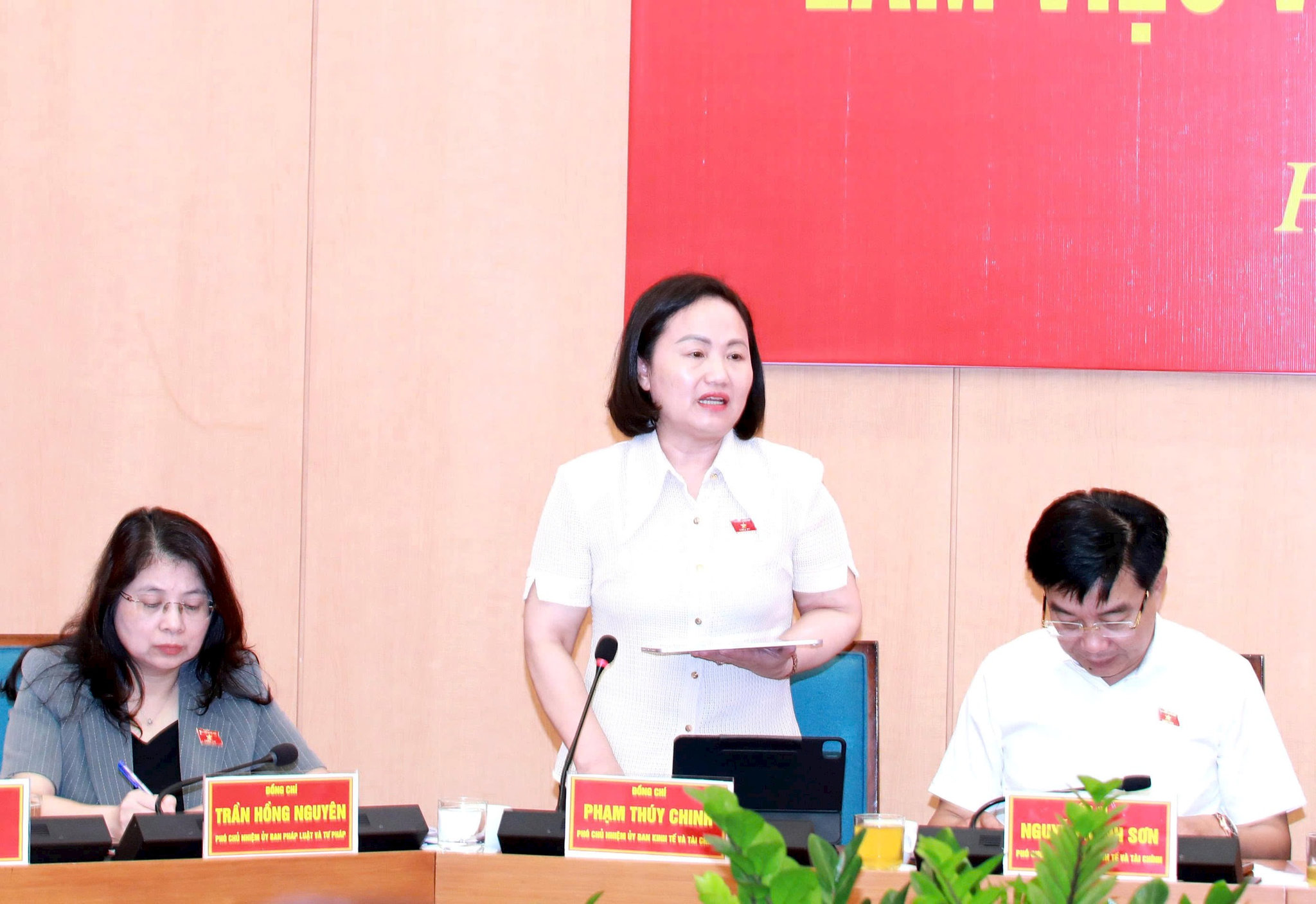 Các thành viên Đoàn công tác Ủy ban Kinh tế và Tài chính của Quốc hội phát biểu. Ảnh: Đình Hiệp