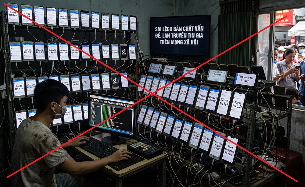 Nhiều chuyên gia an ninh mạng đã lên tiếng cảnh báo về hiện tượng sử dụng phone-farm tạo bất ổn xã hội qua các bình luận tự động trên mạng xã hội. Ảnh được tạo bằng AI. phone-farm.png