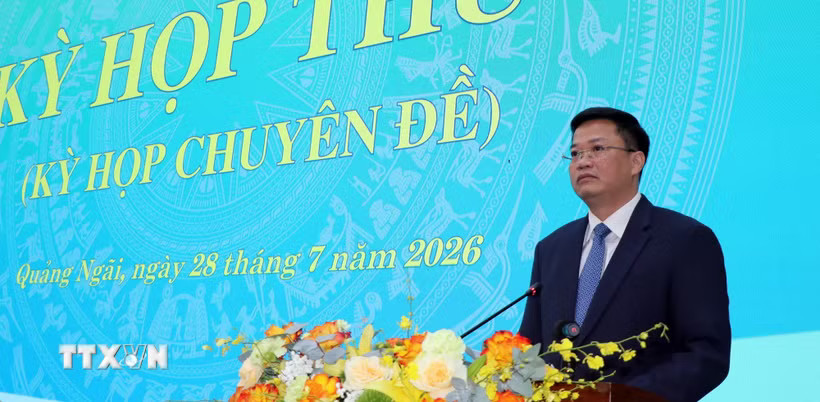 Ông Nguyễn Đức Tâm, Chủ tịch Ủy ban Nhân dân tỉnh Quảng Ngãi nhiệm kỳ 2026-2031, phát biểu nhận nhiệm vụ. (Ảnh: Cao Nguyên/TTXVN)