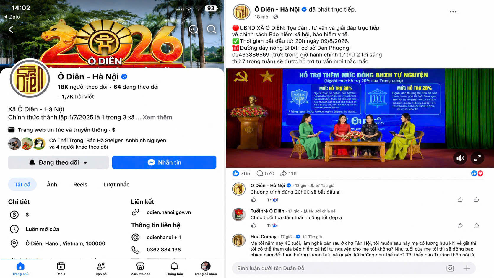 Thông tin chính sách được truyền tải trực tuyến trên Fanpage “Ô Diên - Hà Nội”, thu hút sự quan tâm và tương tác của người dân. Ảnh: Đỗ Duẩn