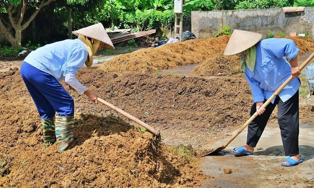 Người dân phối trộn rơm rạ cùng các loại phân tạo thành phân bón hữu cơ. Ảnh: Bảo Thắng.