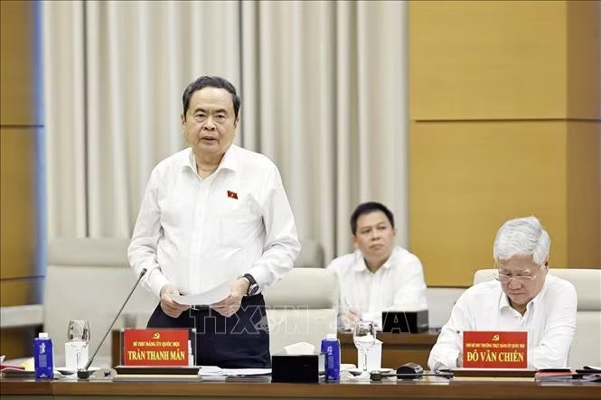 Uỷ viên Bộ Chính trị, Bí thư Đảng uỷ Quốc hội, Chủ tịch Quốc hội Trần Thanh Mẫn phát biểu. Ảnh: Doãn Tấn/TTXVN.