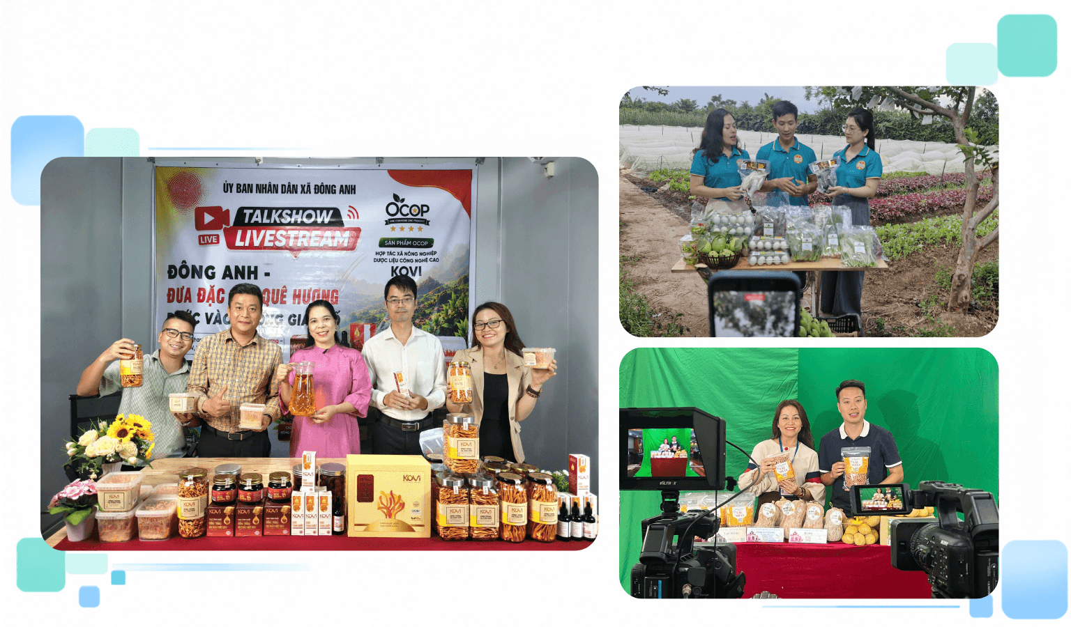 Các phien livestream giới thiệu đặc sản địa phương tại xã Đông Anh, với sự tham gia của cán bộ địa phương và các chủ thể sản xuất.