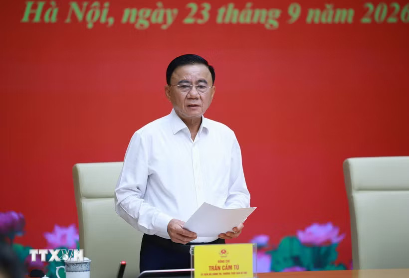 Đồng chí Trần Cẩm Tú, Ủy viên Bộ Chính trị, Thường trực Ban Bí thư, Trưởng đoàn Kiểm tra, giám sát số 221 phát biểu. (Ảnh: Dương Giang/TTXVN)