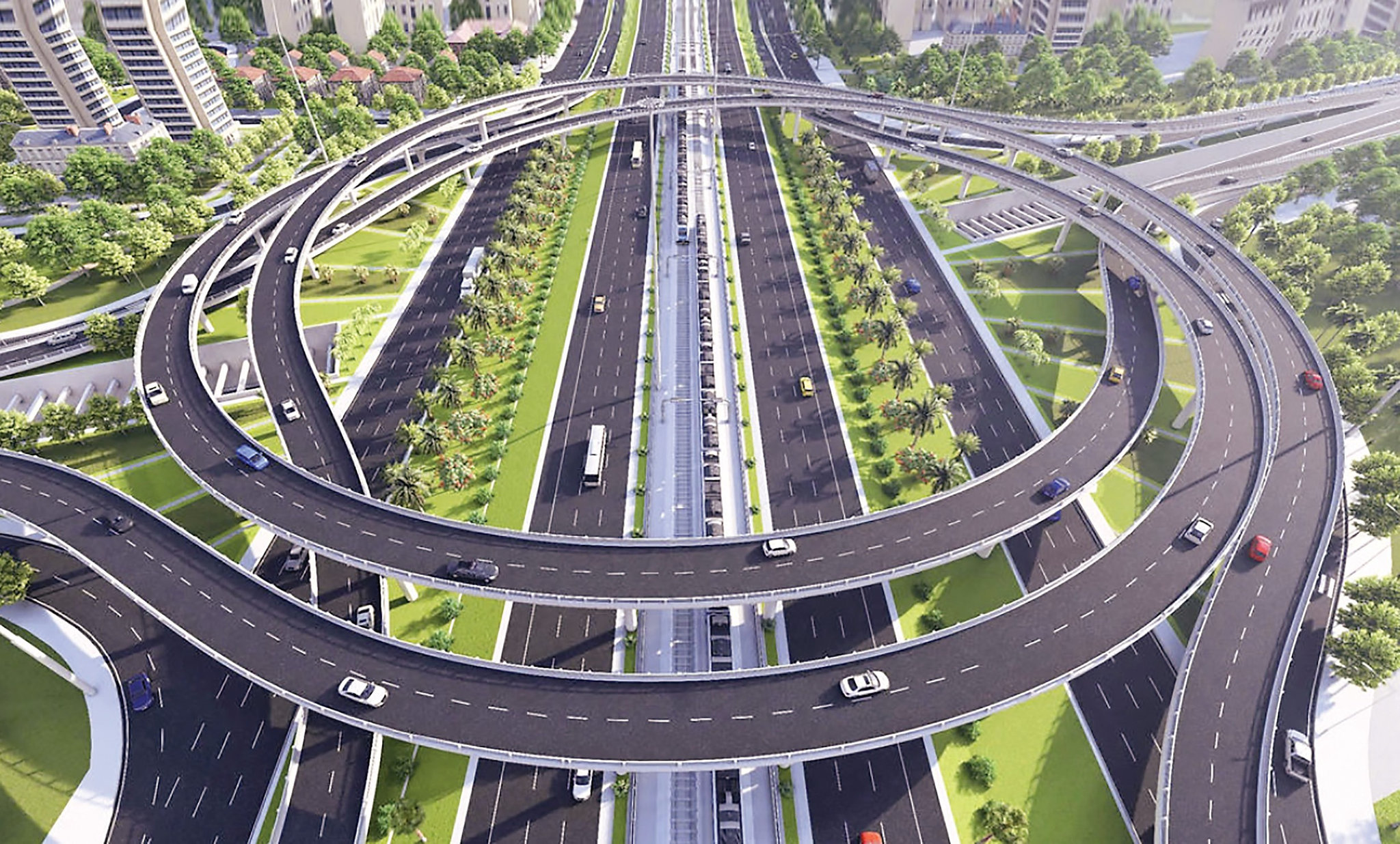 Phối cảnh nút giao khác mức giữa đường Vành đai 3,5 và Đại lộ Thăng Long sau khi hoàn thành.