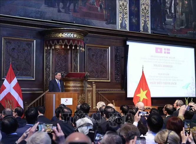 Tổng Bí thư, Chủ tịch nước Tô Lâm phát biểu chính sách tại Đại học Copenhagen (Đan Mạch). Ảnh: Thống Nhất/TTXVN.