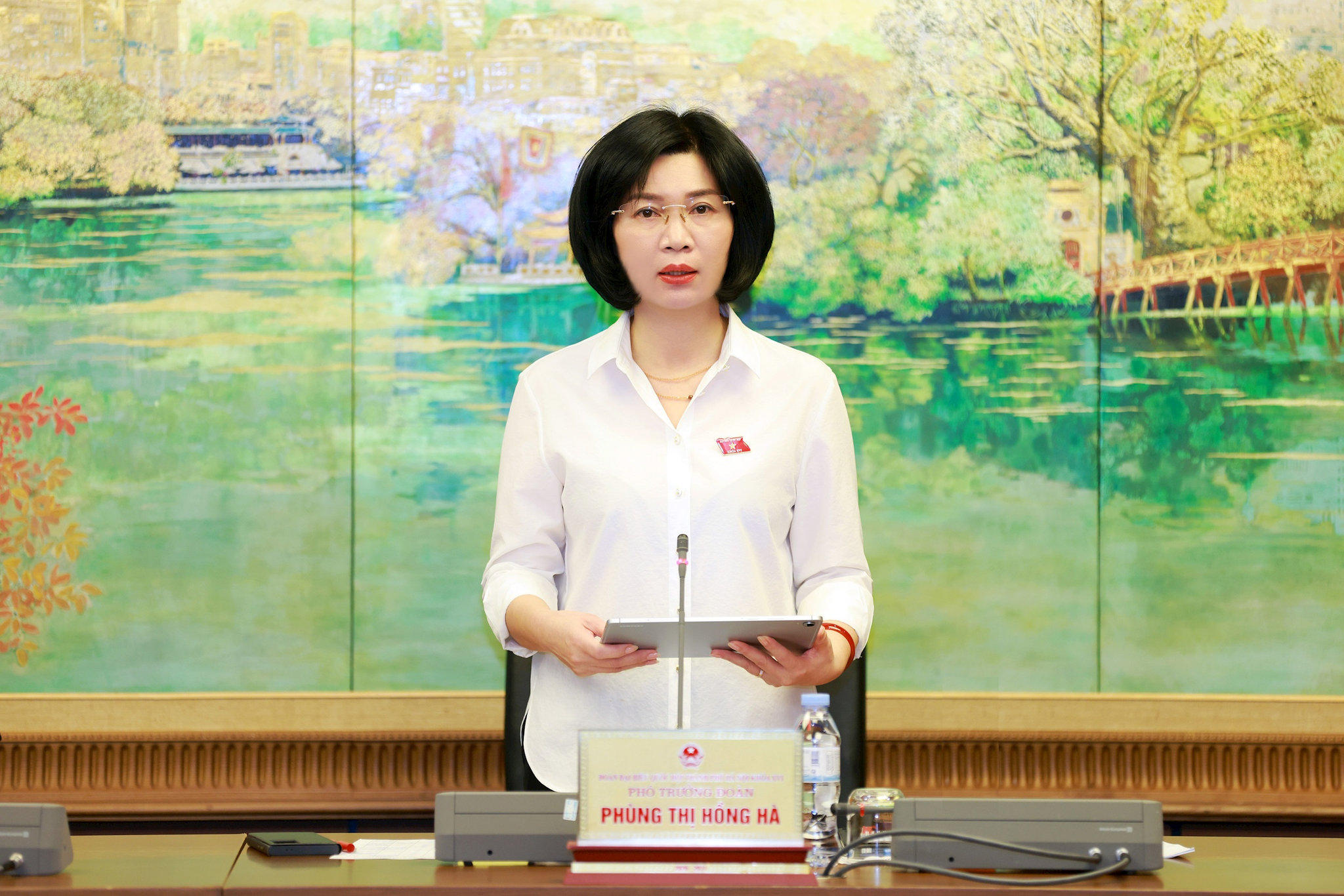 Phó Bí thư Thành ủy, Chủ tịch HĐND thành phố, Phó trưởng đoàn Đại biểu Quốc hội thành phố Hà Nội Phùng Thị Hồng Hà phát biểu định hướng thảo luận. Ảnh: Văn Tuyến