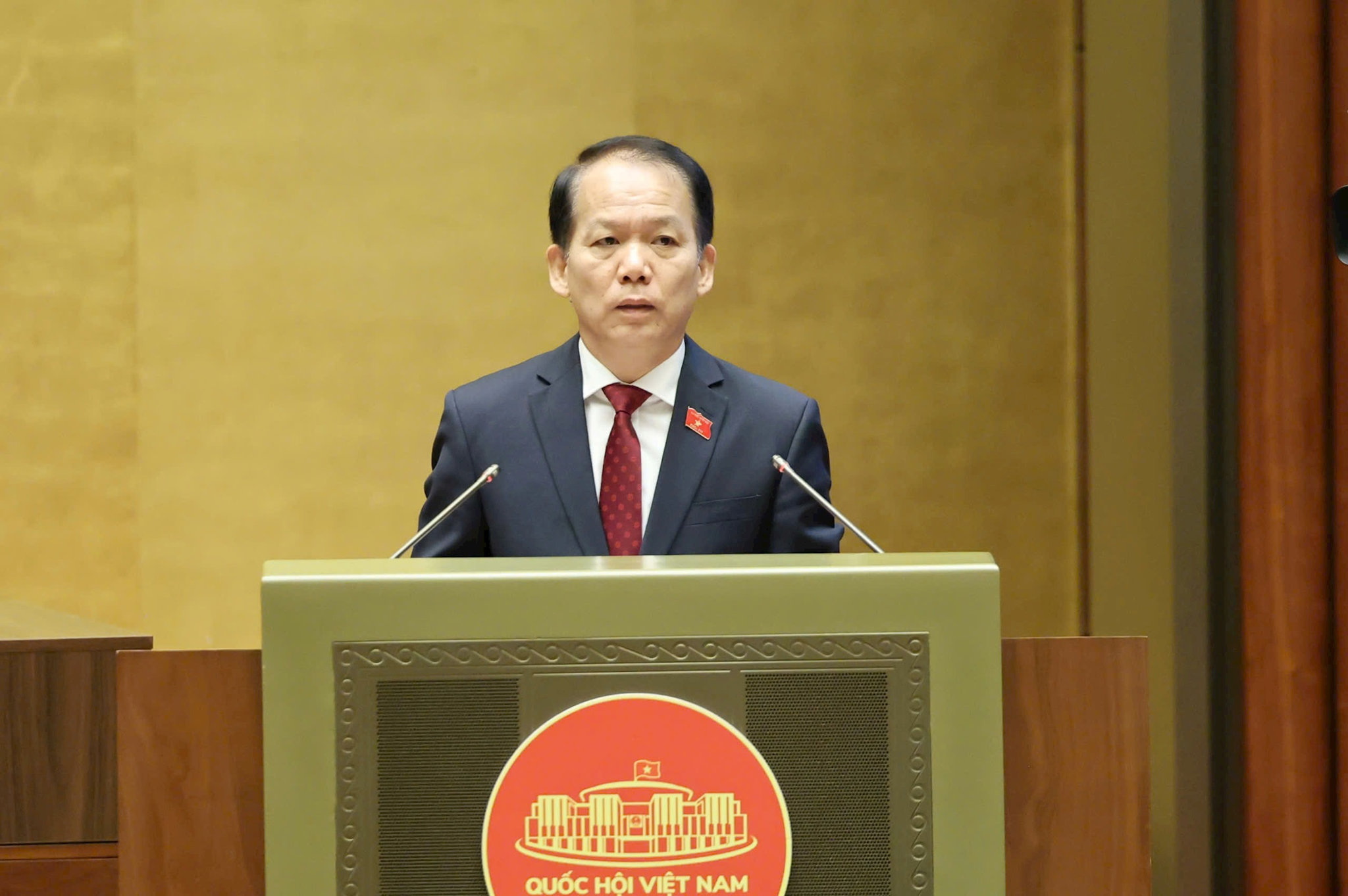 Bộ trưởng Bộ Tư pháp Hoàng Thanh Tùng thừa ủy quyền của Thủ tướng Chính phủ trình bày Tờ trình về dự án Luật Đất đai (sửa đổi). Ảnh: Quochoi.vn