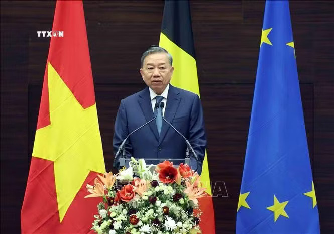 Tổng Bí thư, Chủ tịch nước Tô Lâm phát biểu chính sách tại Viện Quan hệ quốc tế Hoàng gia Egmont. Ảnh: Thống Nhất/TTXVN