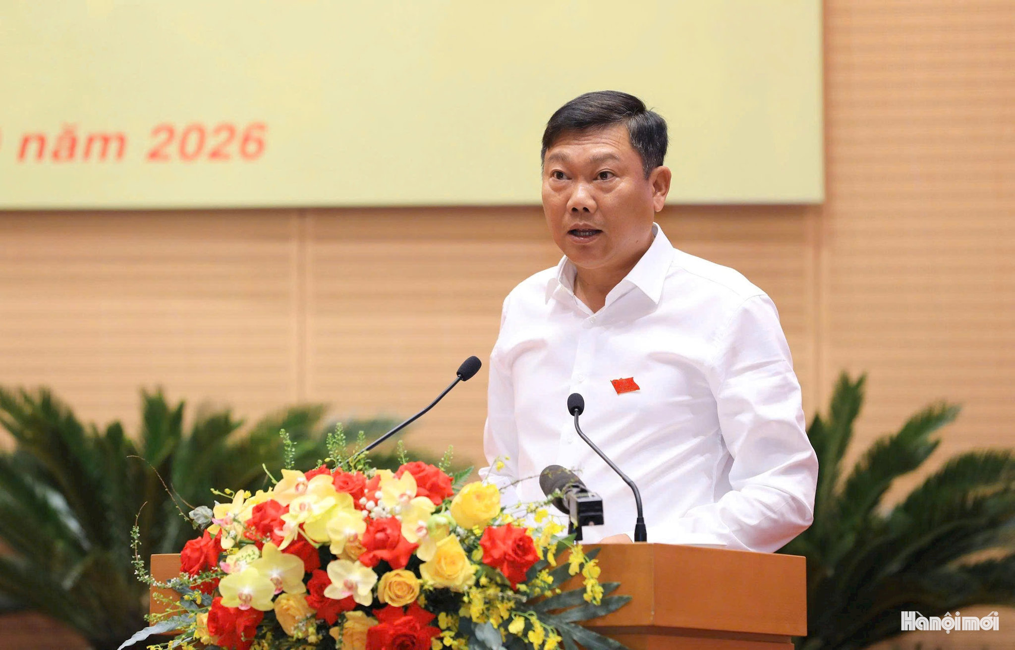 Phó Chủ tịch UBND thành phố Hà Nội Đỗ Anh Tuấn trình bày tóm tắt dự thảo nghị quyết. Ảnh: Thành Thái Hùng