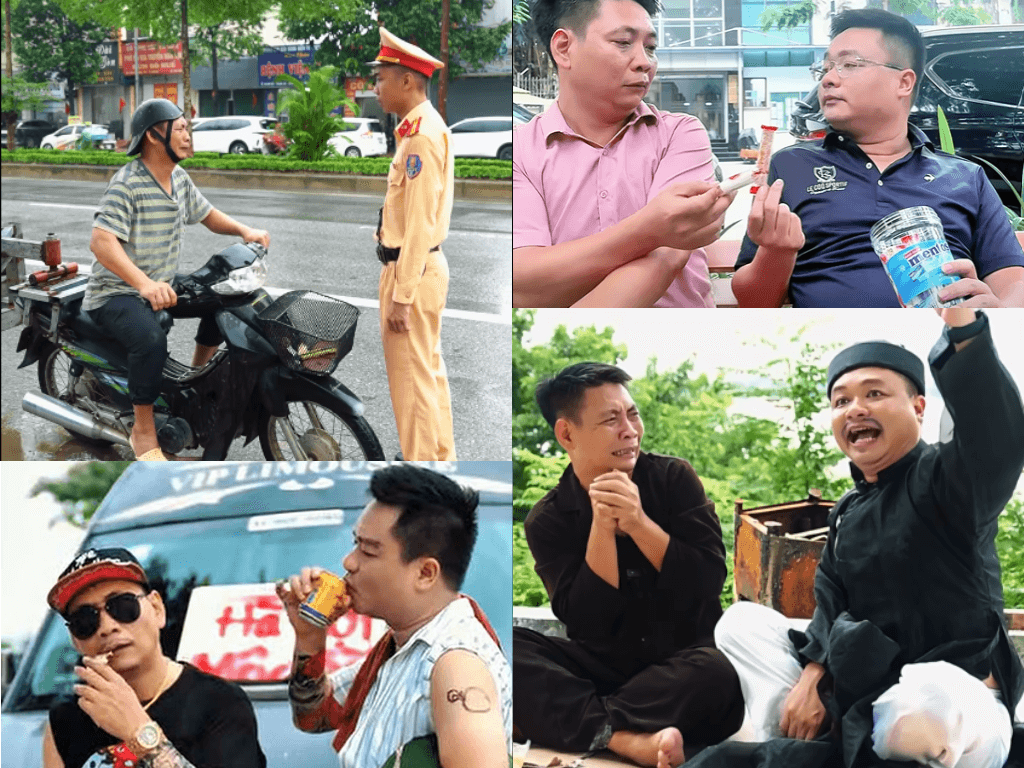 Trung tá Nguyễn Ngọc Tiến và Thiếu tá Trần Quân Thụy trong những cảnh quay tuyên truyền an toàn giao thông. Ảnh PV