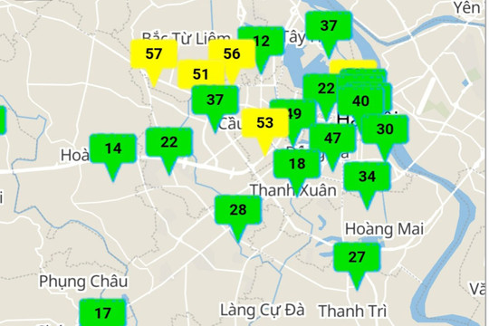 Sắc xanh chiếm ưu thế trong chỉ số chất lượng không khí tại Hà Nội