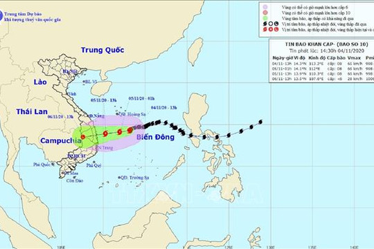 Ngày 5-11, bão số 10 có khả năng đi vào đất liền từ Quảng Ngãi - Khánh Hòa