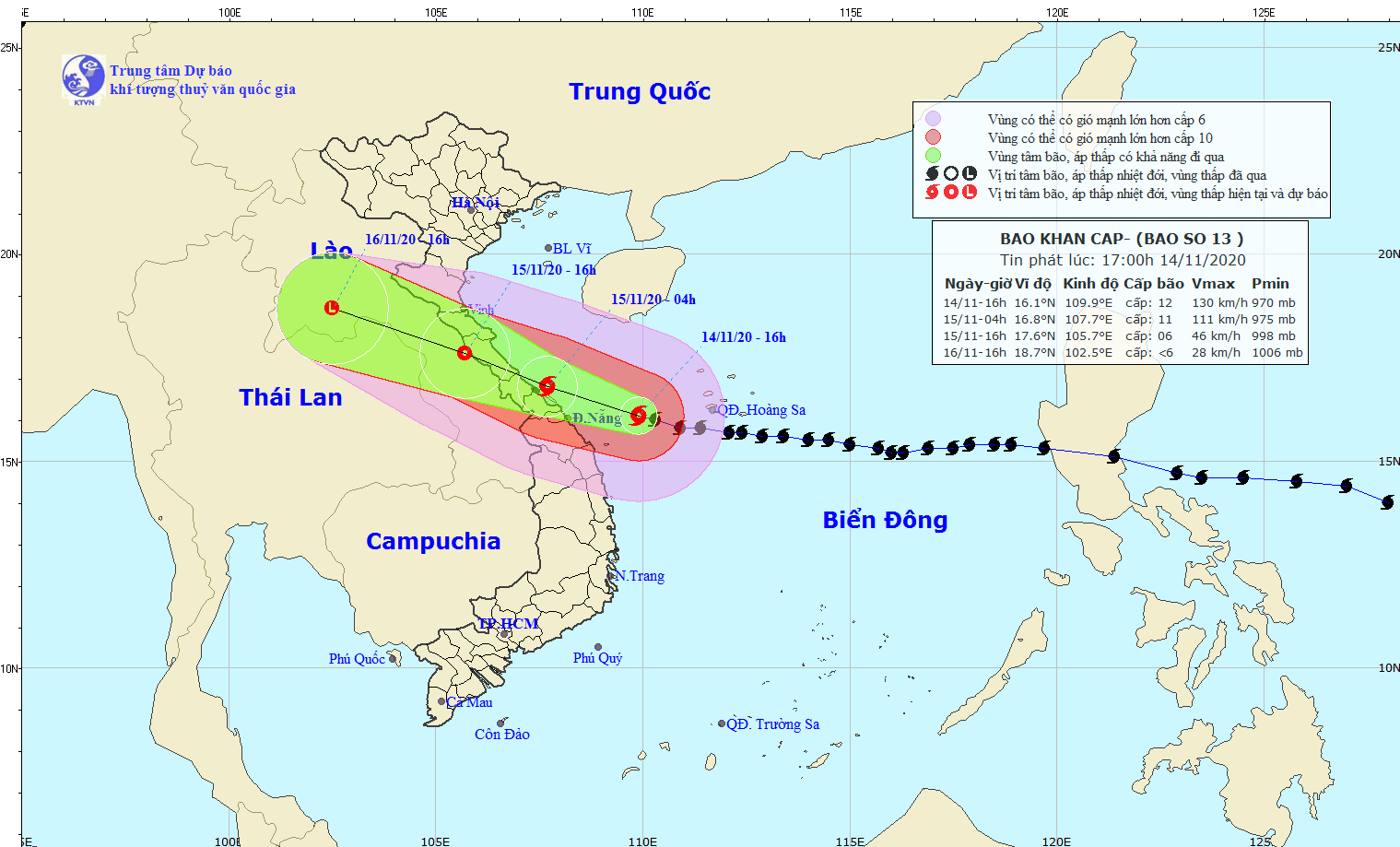 Sáng mai (15-11), bão số 13 đi vào các tỉnh từ Hà Tĩnh đến Quảng Ngãi
