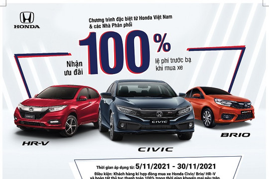 Honda hỗ trợ 100% lệ phí trước bạ cho khách hàng mua xe Civic, HR-V và Brio trong tháng 11-2021