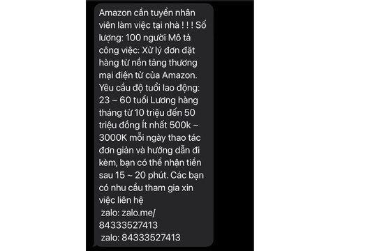 Giả mạo Amazon nhắn tin tuyển dụng lừa đảo