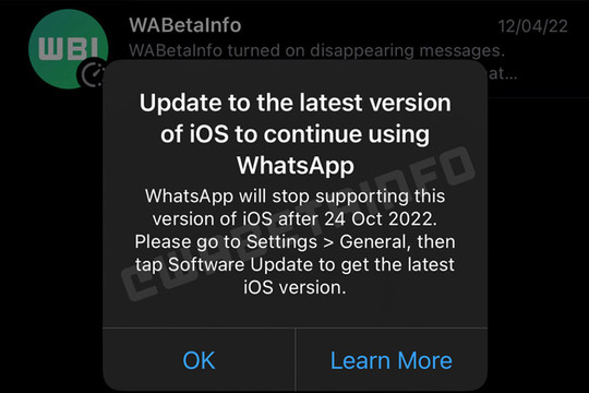 WhatsApp sẽ dừng hỗ trợ iOS 10 và iOS 11 từ ngày 24-10