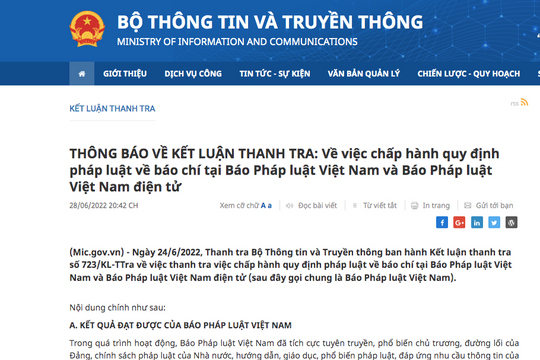 Bộ Thông tin và Truyền thông thông báo kết luận thanh tra Báo Pháp luật Việt Nam