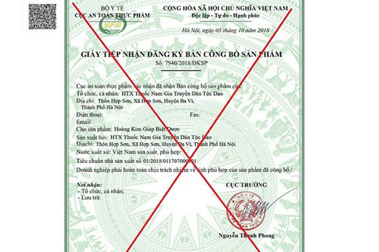 Giả mạo giấy tiếp nhận đăng ký bản công bố sản phẩm Hoàng Kim Giáp biệt dược