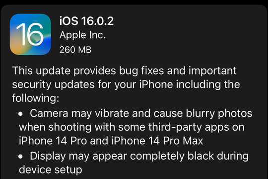 Bản cập nhật hệ điều hành iOS 16.0.2 sửa nhiều lỗi trên iPhone 14 Pro