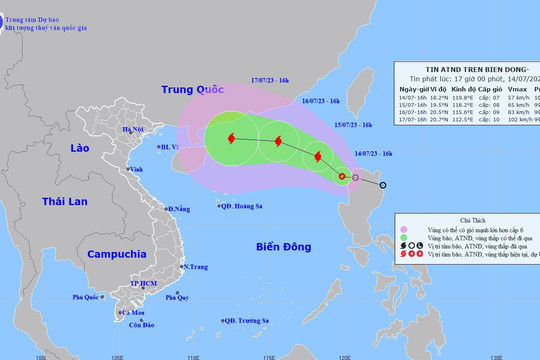 Ngày mai (15-7), áp thấp nhiệt đới trên Biển Đông có khả năng mạnh thành bão