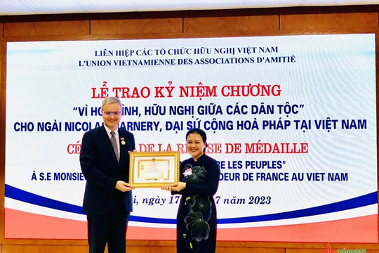 Trao Kỷ niệm chương "Vì hòa bình, hữu nghị giữa các dân tộc" tặng Đại sứ Pháp tại Việt Nam