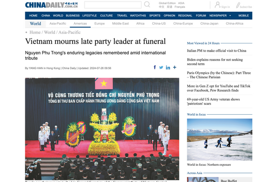 Truyền thông quốc tế đưa tin đậm nét về Lễ Quốc tang Tổng Bí thư Nguyễn Phú Trọng