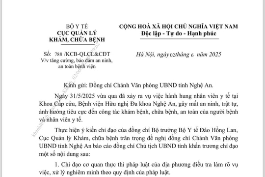 Cục Quản lý Khám, chữa bệnh đề nghị điều tra vụ việc hành hung nhân viên y tế tại Nghệ An