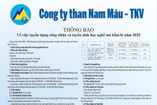 Công ty than Nam Mẫu - TKV thông báo Tuyển công nhân và tuyển sinh học nghề mỏ hầm lò năm 2025