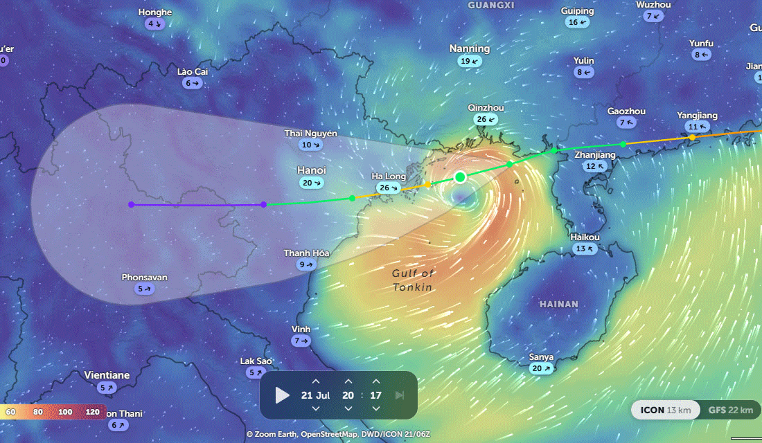 Video hướng đi tâm bão Wipha lúc 20h, cách Hạ Long khoảng 90km