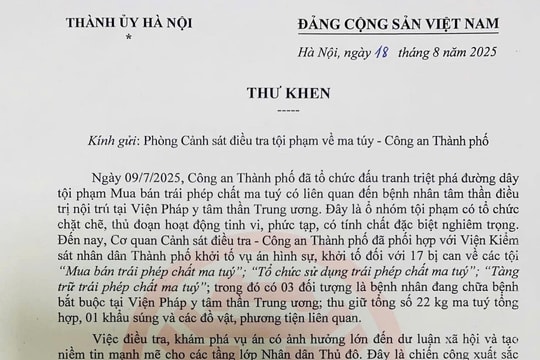 Bí thư Thành ủy Bùi Thị Minh Hoài gửi Thư khen Phòng Cảnh sát điều tra tội phạm về ma túy, Công an thành phố Hà Nội