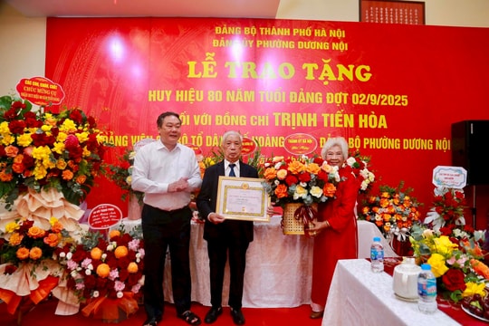 Phó Chủ tịch Thường trực UBND thành phố Lê Hồng Sơn trao Huy hiệu Đảng tại phường Dương Nội