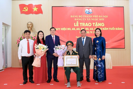 Phó Bí thư Thường trực Thành ủy Hà Nội Nguyễn Văn Phong trao Huy hiệu Đảng tại xã Ngọc Hồi