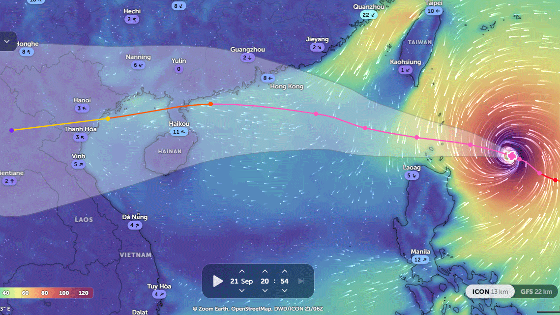Video hướng đi của siêu bão Ragasa lúc 21h ngày 21-9