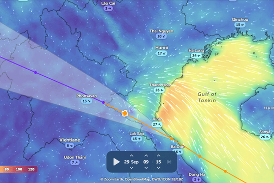 Video hướng đi của bão Bualoi vào đất liền lúc 9h ngày 29-9