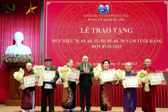 Giám đốc Công an thành phố Nguyễn Thanh Tùng trao Huy hiệu Đảng tại xã Quốc Oai