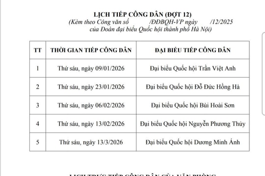Lịch Tiếp công dân của đại biểu Quốc hội thành phố Hà Nội từ ngày 9-1 đến 13-3-2026