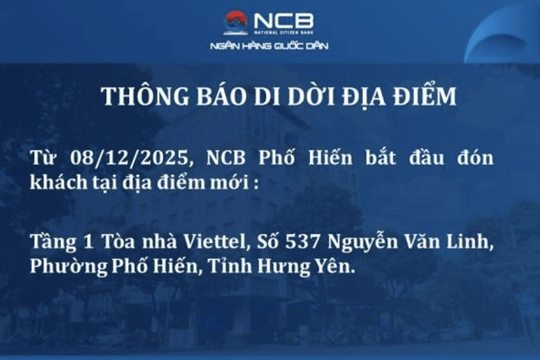 NCB Phố Hiến thay đổi địa điểm giao dịch từ 08/12/2025