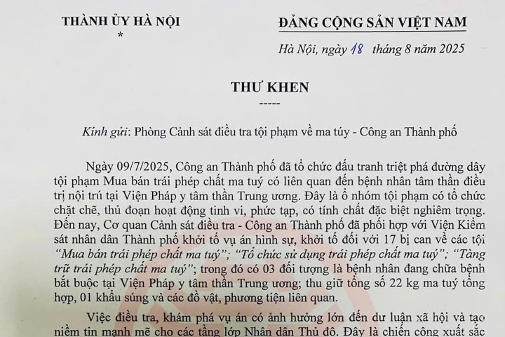 Bí thư Thành ủy Bùi Thị Minh Hoài gửi Thư khen Phòng Cảnh sát điều tra tội phạm về ma túy, Công an thành phố Hà Nội