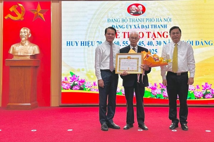 Chủ nhiệm Uỷ ban Kiểm tra Thành ủy Hoàng Trọng Quyết trao Huy hiệu Đảng tại xã Đại Thanh