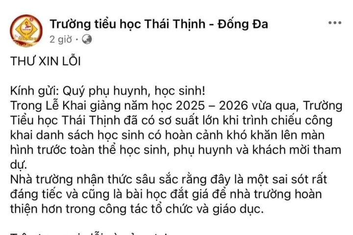 Nhà trường xin lỗi vì công khai tên học sinh khó khăn trong lễ khai giảng