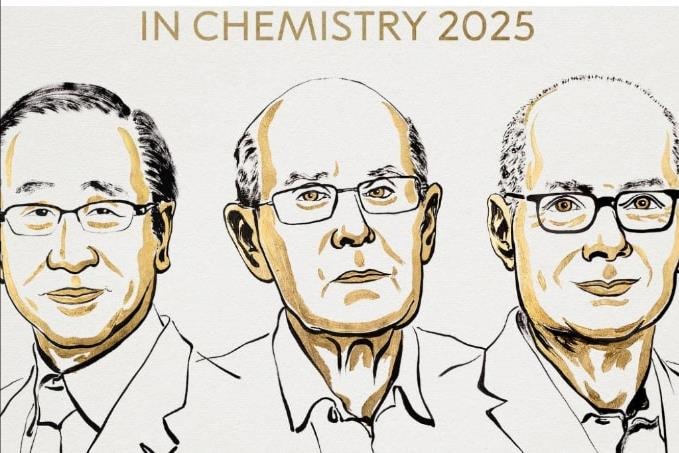 Nobel Hóa học 2025 trao cho ba nhà khoa học phát triển “khung kim loại - hữu cơ”