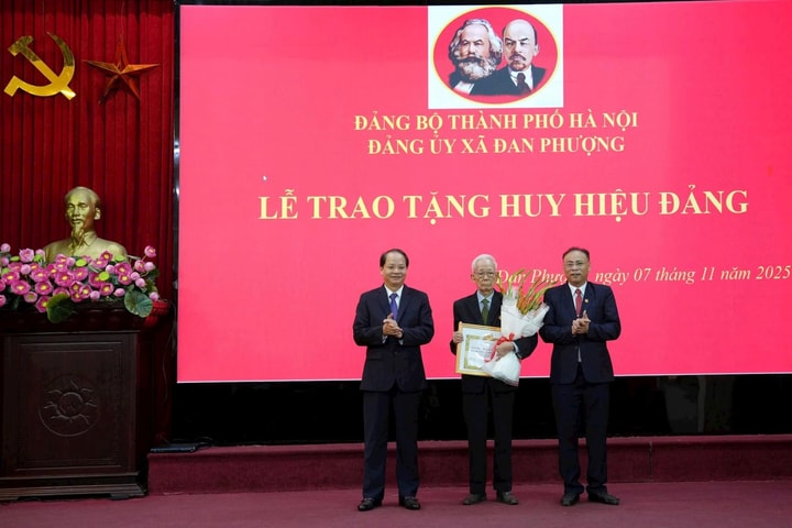 Trưởng ban Tuyên giáo và Dân vận Thành ủy Hà Nội Nguyễn Doãn Toản trao tặng Huy hiệu Đảng tại xã Đan Phượng
