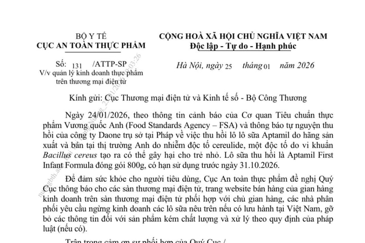 Yêu cầu ngừng kinh doanh, gỡ bỏ thông tin sản phẩm sữa Aptamil có nguy cơ nhiễm độc tố trên các sàn thương mại điện tử