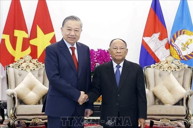 Tổng Bí thư Tô Lâm hội kiến Chủ tịch danh dự Đảng Nhân dân Campuchia Heng Samrin