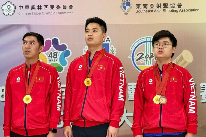 Phạm Quang Huy cùng đồng đội giành HCV 10m súng ngắn hơi nam tại giải vô địch Đông Nam Á 2026